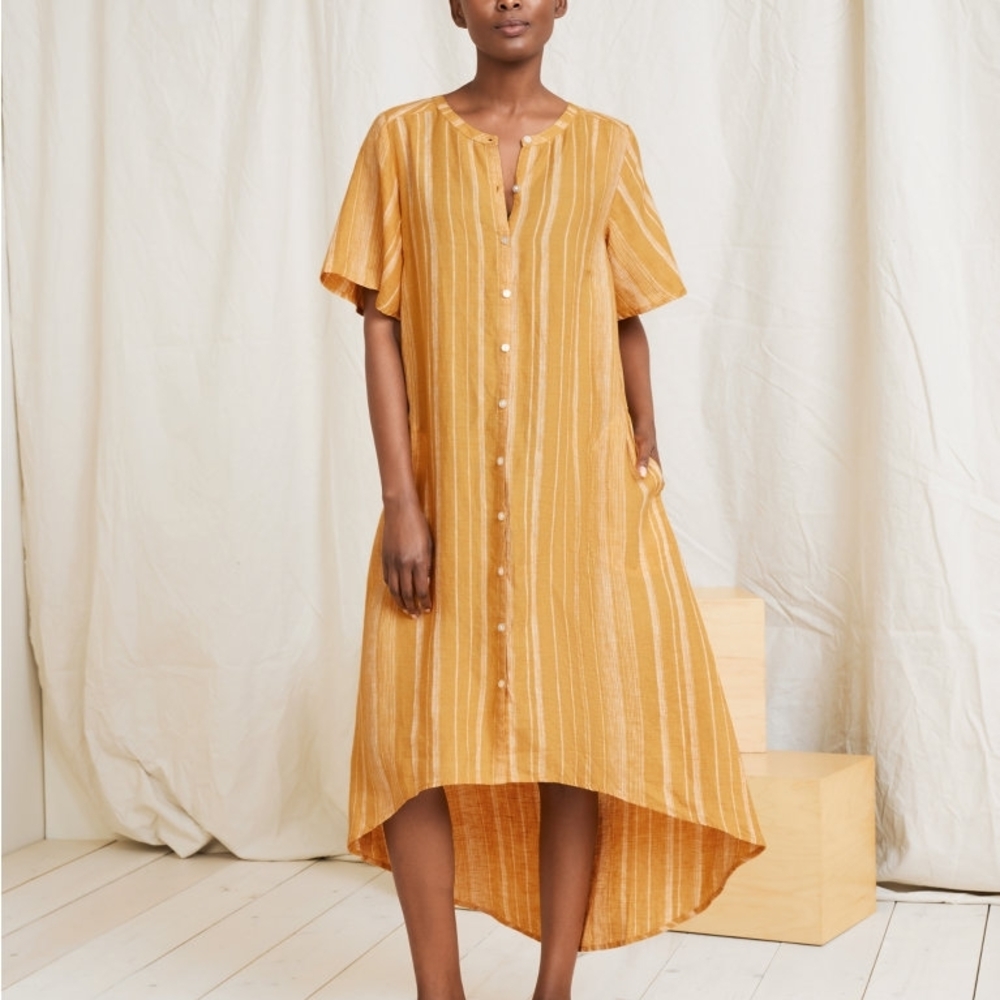 Garnet Hill Mustard Striped 100% European Flax Linen Shirt Dress Size Small NWOT